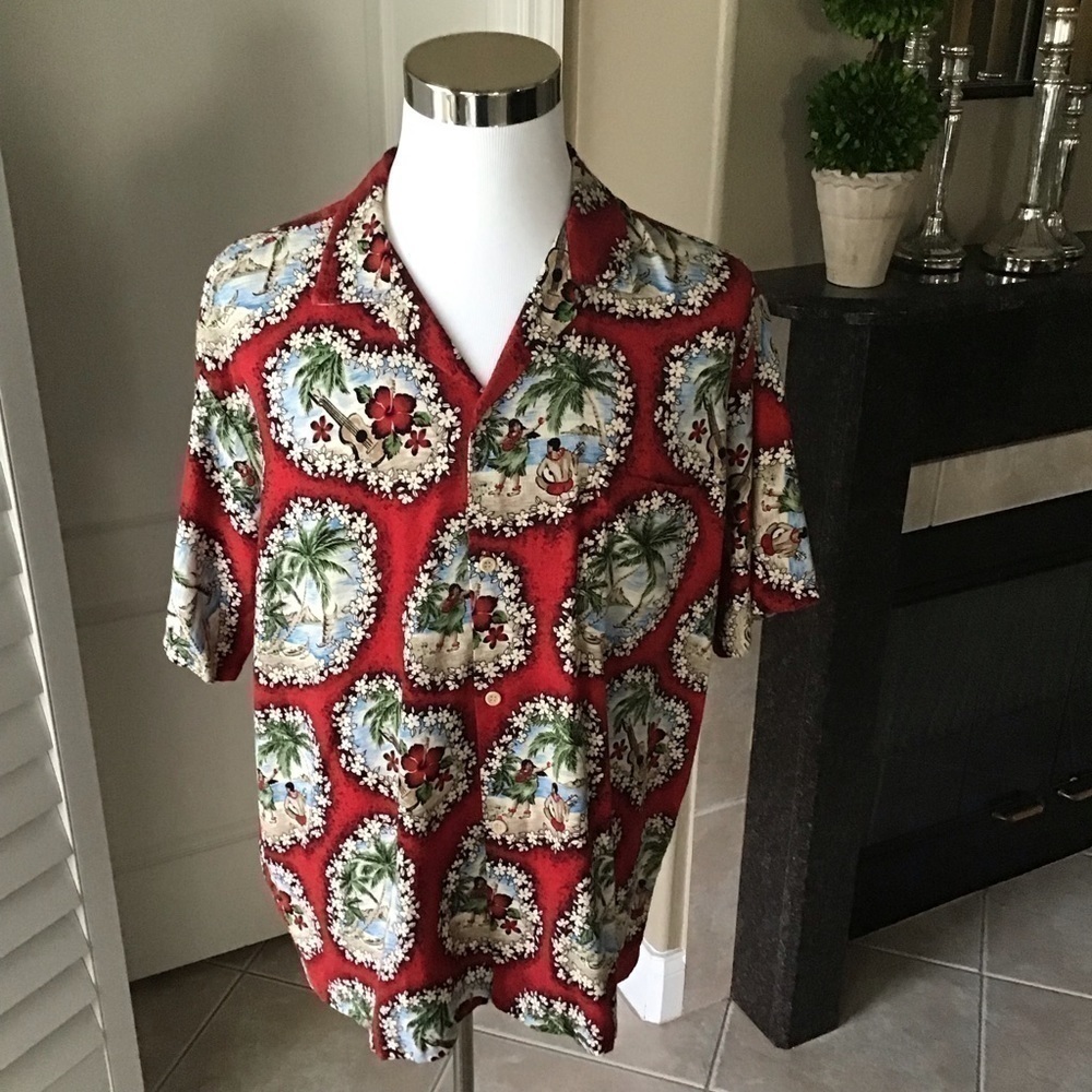 Hawaiian Shirt 2XL 100% Cotton Men's Hula Girls Red Beach Hana Fashion Vintage - Picture 11 of 12
